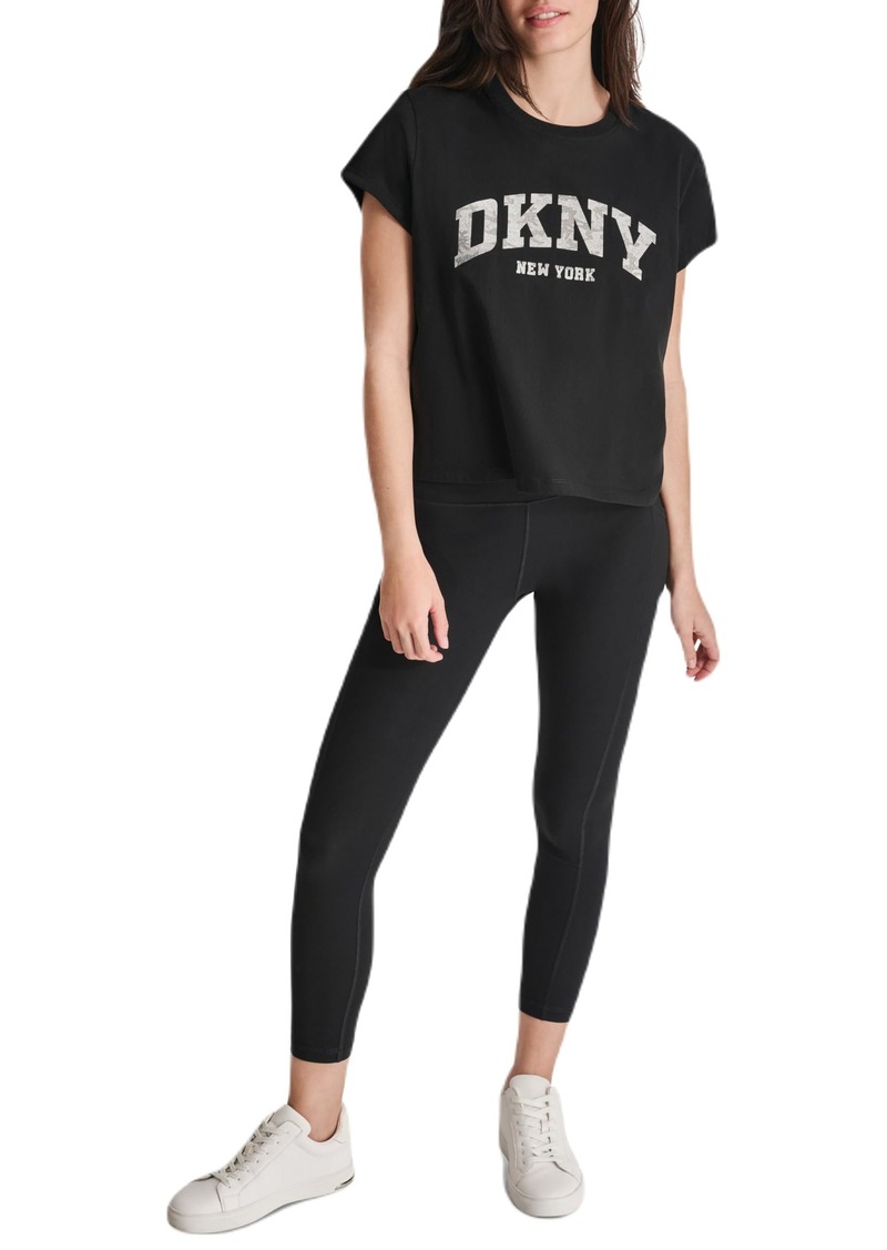 DKNY Women's Short Sleeve Cropped Camo Sparkle Varsity Logo T-Shirt