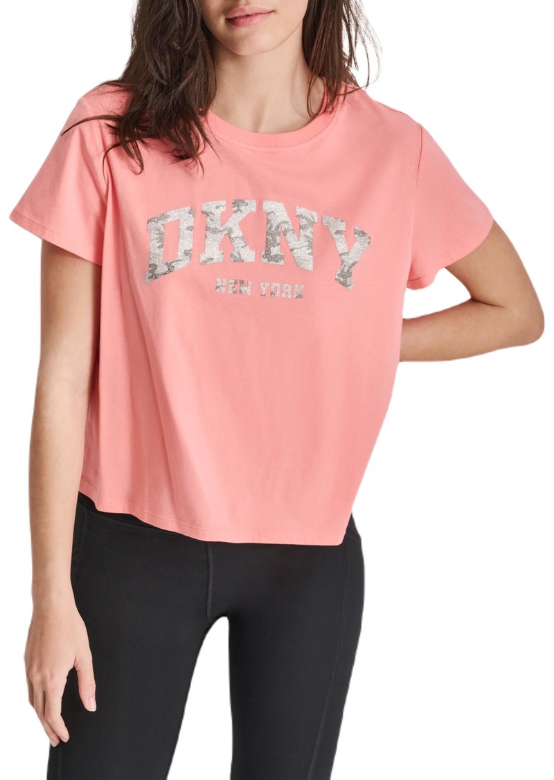 DKNY Women's Short Sleeve Cropped Camo Sparkle Varsity Logo T-Shirt Atomic PNK