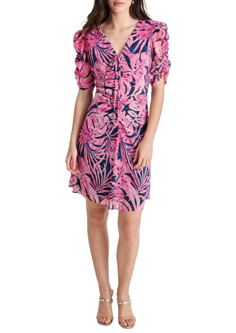 Dkny Women's Short-Sleeve Ruched V-Neck Chiffon Dress - Navy/Pink