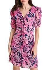Dkny Women's Short-Sleeve Ruched V-Neck Chiffon Dress - Navy/Pink