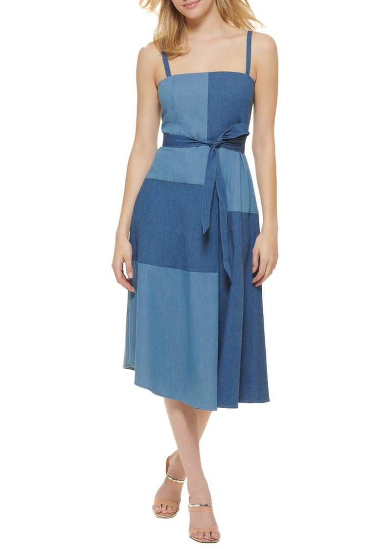 DKNY Women's Sleeveless Denim Patchwork Belted Dress NVY/Blue
