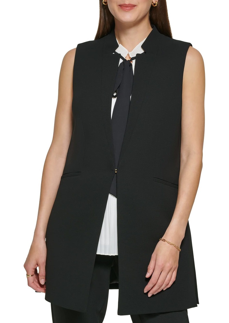 DKNY Womens Sleeveless Pleated Top With Tie Neck