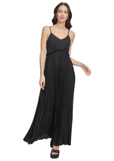 Dkny Women's Solid Tiered Pleated Sleeveless Mesh Maxi Dress - Black