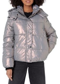 DKNY Women's Sport High Shine Hooded Puffer Jacket Gunmetal