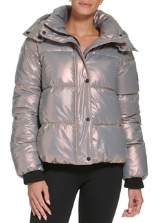 DKNY Women's Sport High Shine Hooded Puffer Jacket Gunmetal