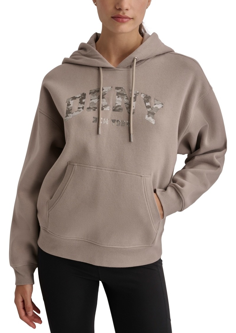 Dkny Sport Women's Varsity Camo Sparkle Logo Fleece Hooded Sweatshirt - Driftwood