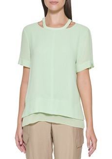 DKNY Women's S/S CUT OUT NECK TOP W/CHIFFON HEM