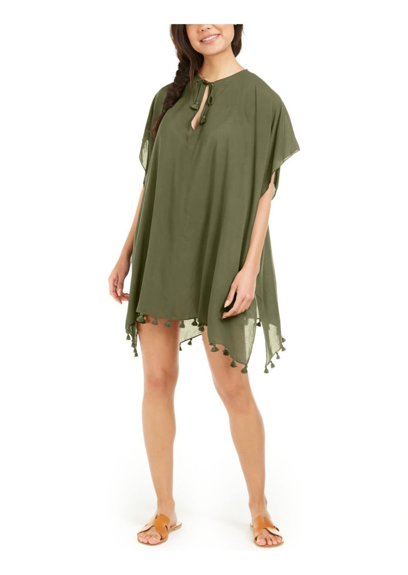 DKNY Women's Standard Swim Cover Up Olive Kaftan with Pom Pom L/XL