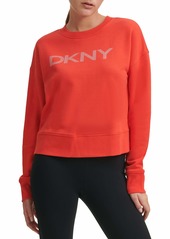DKNY Women's Crewneck Pullover Hibiscus with Silver Glitter Stripe Logo L