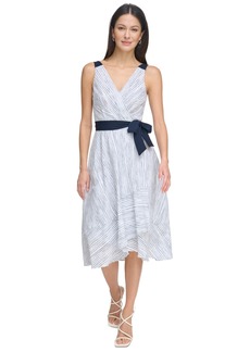 Dkny Women's Striped-Cotton Tie-Waist V-Neck Midi Dress - Ivory/Blue
