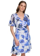 Dkny Women's Surplice-Neck Cape-Sleeve Fit & Flare Dress - Marine Multi