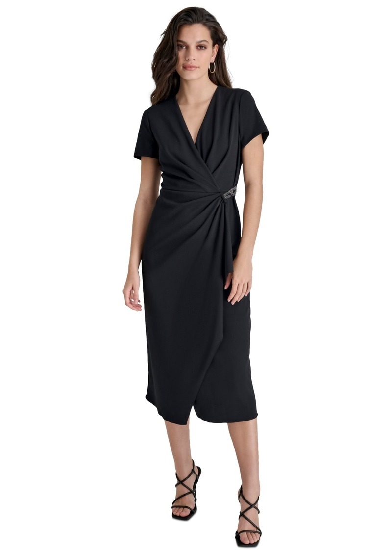 Dkny Women's Surplice-Neck Embellished Scuba Dress - Black