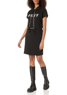 DKNY Women's T-Shirt Dress Black Funnel Neck with Logo Drawstring