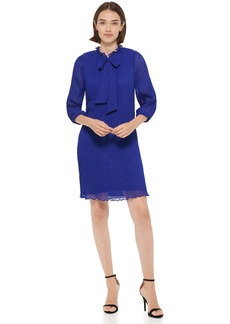 DKNY Women's Long Sleeve Tie Neck Pleated Dress