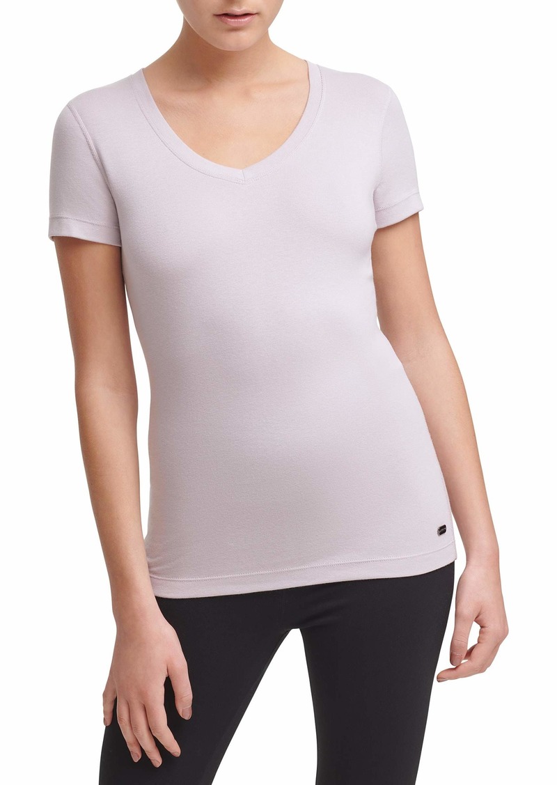 DKNY Women's Summer Tops Short Sleeve T-Shirt Wren Pale Pink V-Neck with Small Logo Detail at Hem L
