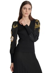 Dkny Women's V-Neck Rib-Knit Satin-Long-Sleeve - Bk/brs Str