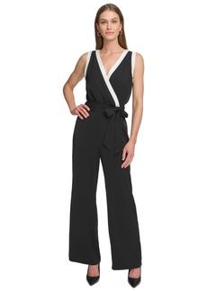 Dkny Women's V-Neck Sleeveless Tie-Waist Jumpsuit - Black/Cream