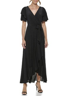 DKNY Women's Velvet Burnout Faux Wrap V-Neck Dress