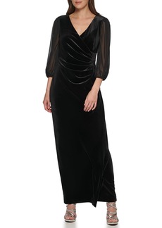 DKNY Women's Velvet Maxi Chiffon Sleeve Dress