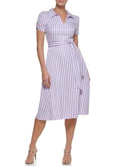 DKNY Women's with Color Ruched Sleeve Polo Dress Lilac/WHT