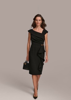 DKNY Donna Karan Women's Asymmetric Neckline Cap Sleeve Ruffle Trim Sheath Dress - Black