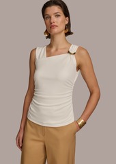 DKNY Donna Karan Women's Asymmetrical-Neck Tortoise-Detail Top - Cream