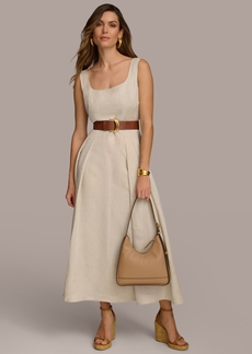 DKNY Donna Karan Women's Belted Linen-Blend Sleeveless Fit & Flare Dress - Natural