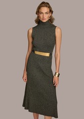 DKNY Donna Karan Women's Belted Mock-Neck Midi Dress - Black Gold