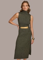 DKNY Donna Karan Women's Belted Mock-Neck Midi Dress - Black Gold