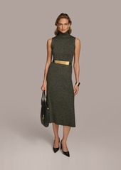 DKNY Donna Karan Women's Belted Mock-Neck Midi Dress - Black Gold