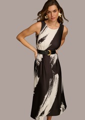 DKNY Donna Karan Women's Brush-Stroke Belted Midi Dress - Black Cream
