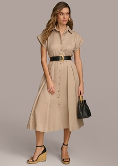 DKNY Donna Karan Women's Button-Front Short-Sleeve Belted Dress - Fawn Linen