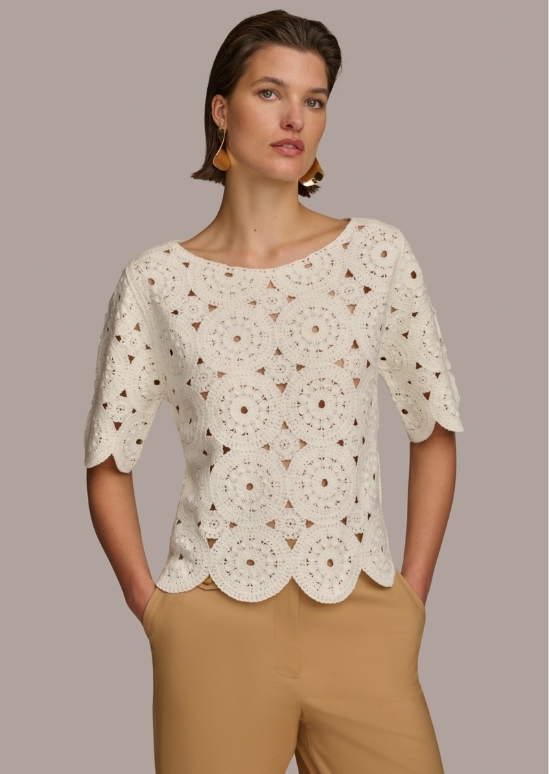 DKNY Donna Karan Women's Crochet Cotton Sweater - Cream