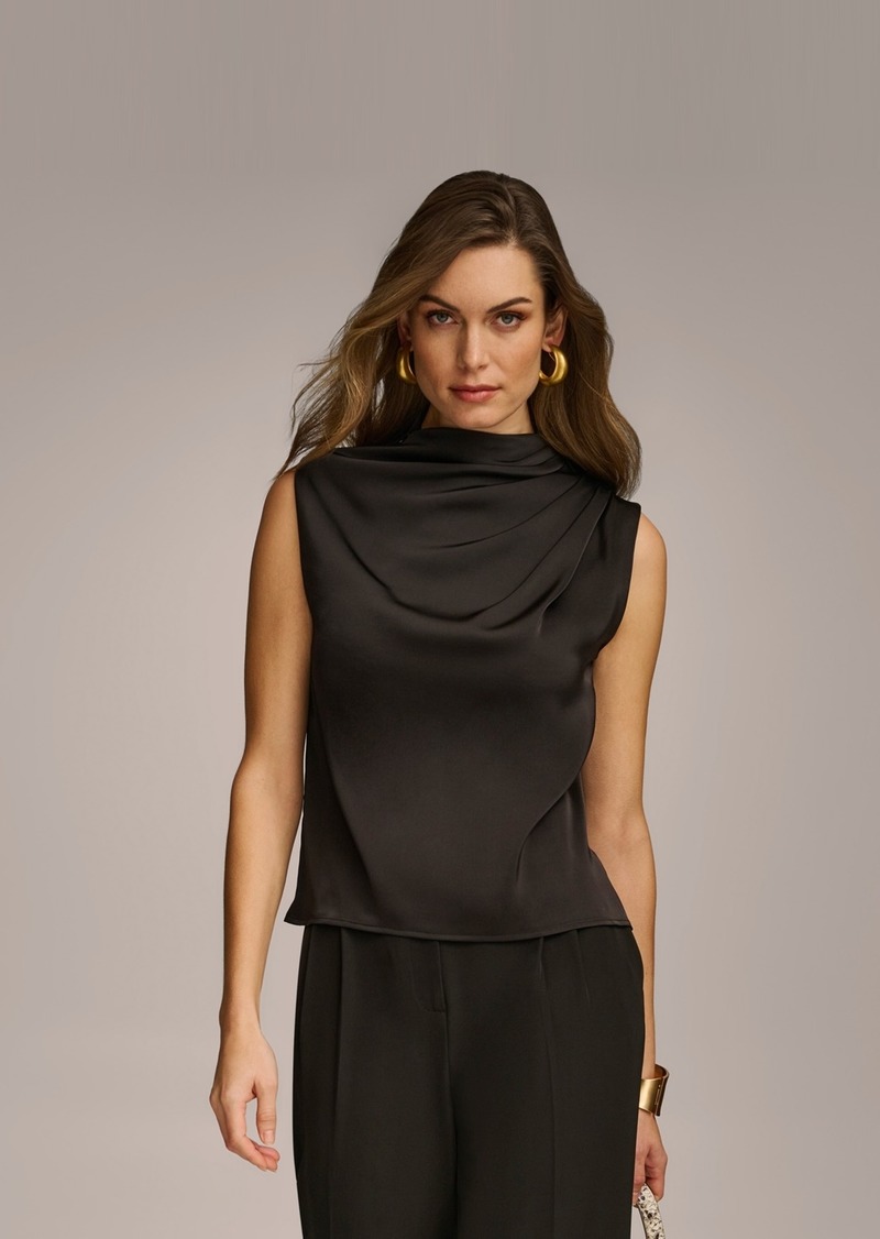 DKNY Donna Karan Women's Draped High Neck Sleeveless Top - Black