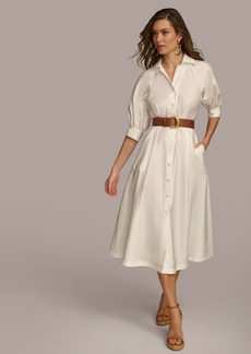 DKNY Donna Karan Women's Faux-Leather Belt Cotton Shirtdress - Cream
