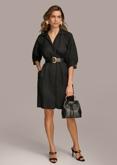 DKNY Donna Karan Women's Faux-Leather Belt Short-Sleeve Shirtdress - Black
