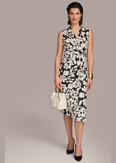DKNY Donna Karan Women's Floral Print Gathered Sleeveless Midi Dress - Black Cream