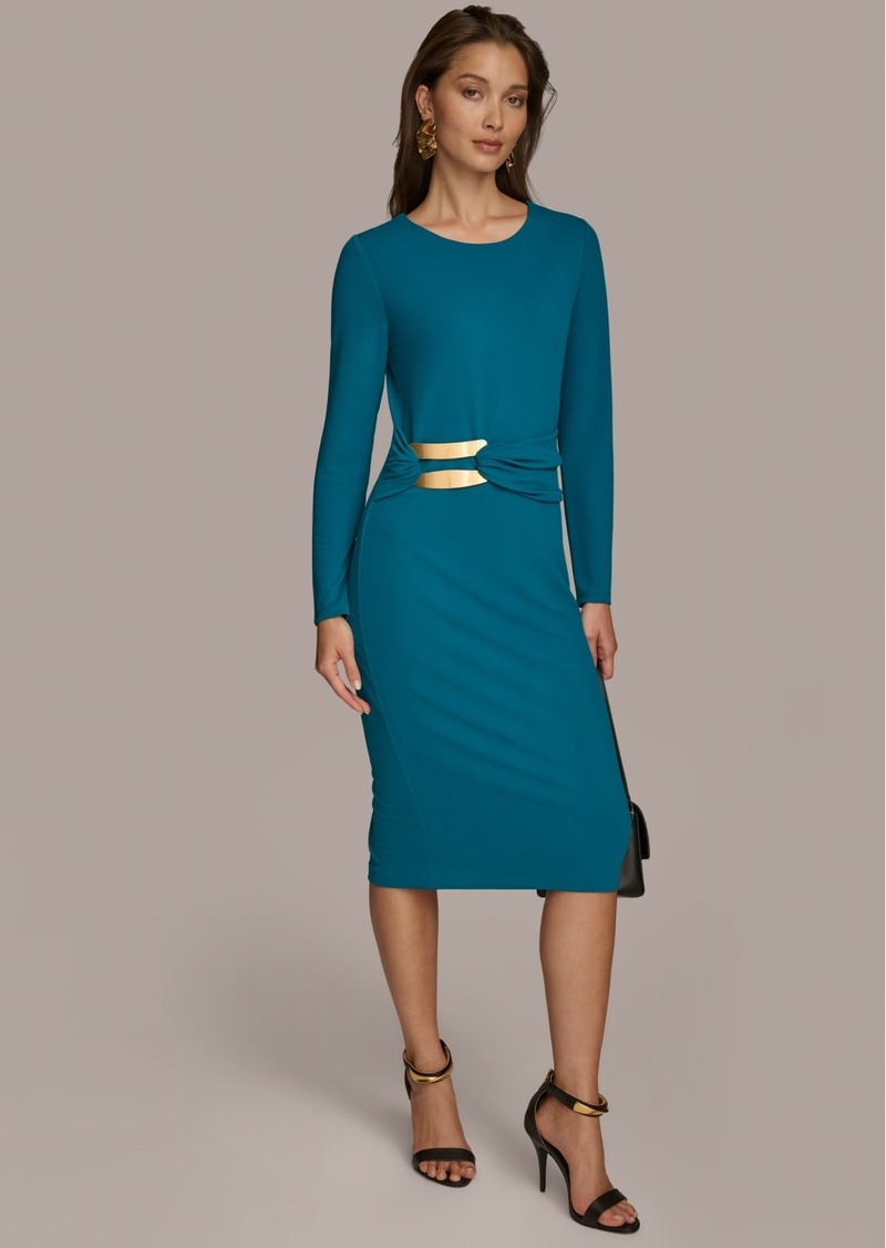 DKNY Donna Karan Women's Long Sleeve Embellished-Waist Midi Dress - Empire Teal