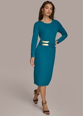 DKNY Donna Karan Women's Long Sleeve Embellished-Waist Midi Dress - Empire Teal