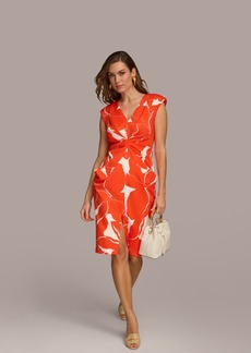 DKNY Donna Karan Women's Printed V-Neck Draped-Front Dress - Sunset Cream