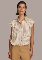 DKNY Donna Karan Women's Short-Sleeve Printed Button-Front Shirt - Cream/Fawn Multi