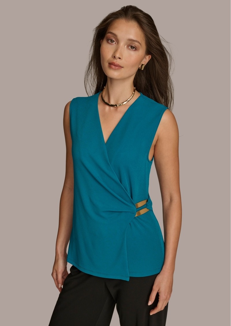 DKNY Donna Karan Women's Sleeveless Faux-Wrap Blouse - Empire Teal