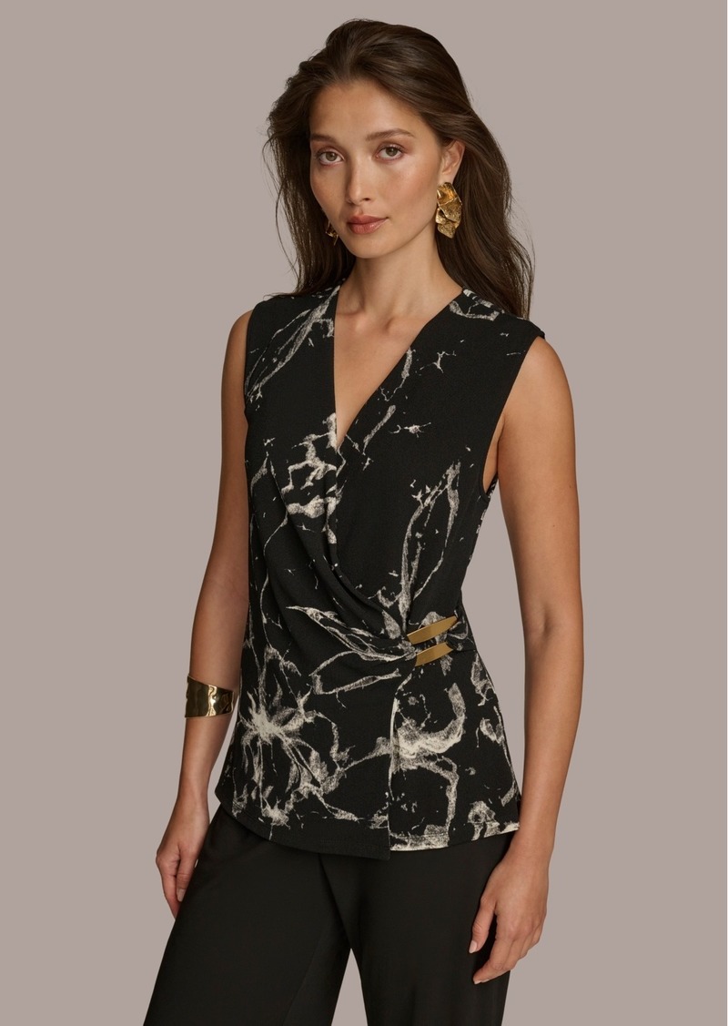 DKNY Donna Karan Women's Sleeveless Faux-Wrap Blouse - Black Multi