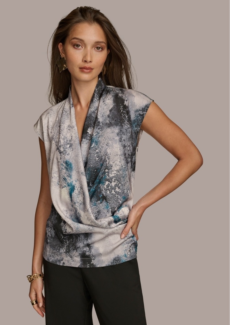 DKNY Donna Karan Women's Sleeveless Faux-Wrap Blouse - Peacock Multi