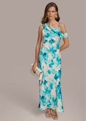 DKNY Donna Karen Women's Printed One-Shoulder Draped Gown - Wave