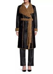 DKNY Faux-Fur-Trimmed Vegan-Leather Tie-Waist Coat