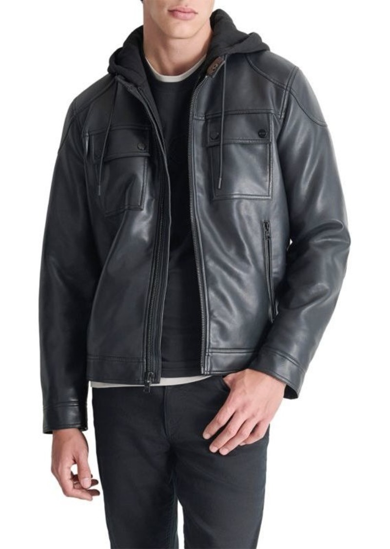 DKNY Faux Leather Hooded Jacket