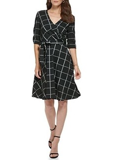 DKNY Front Wrap V-Neck Fit-and-Flare Dress with Elbow Sleeve