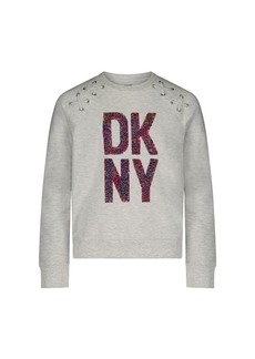 Dkny Big Girls Fleece Flipped Sequin Popover Pullover Sweatshirt - White Heather