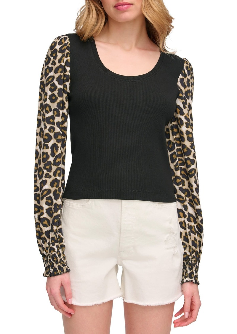 DKNY Jeans Leopard Print Long Sleeve Mixed Media Top in Black/Multi at Nordstrom Rack